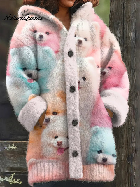 Women's Funny Dogs Pattern Art Print Casual Fleece Coat