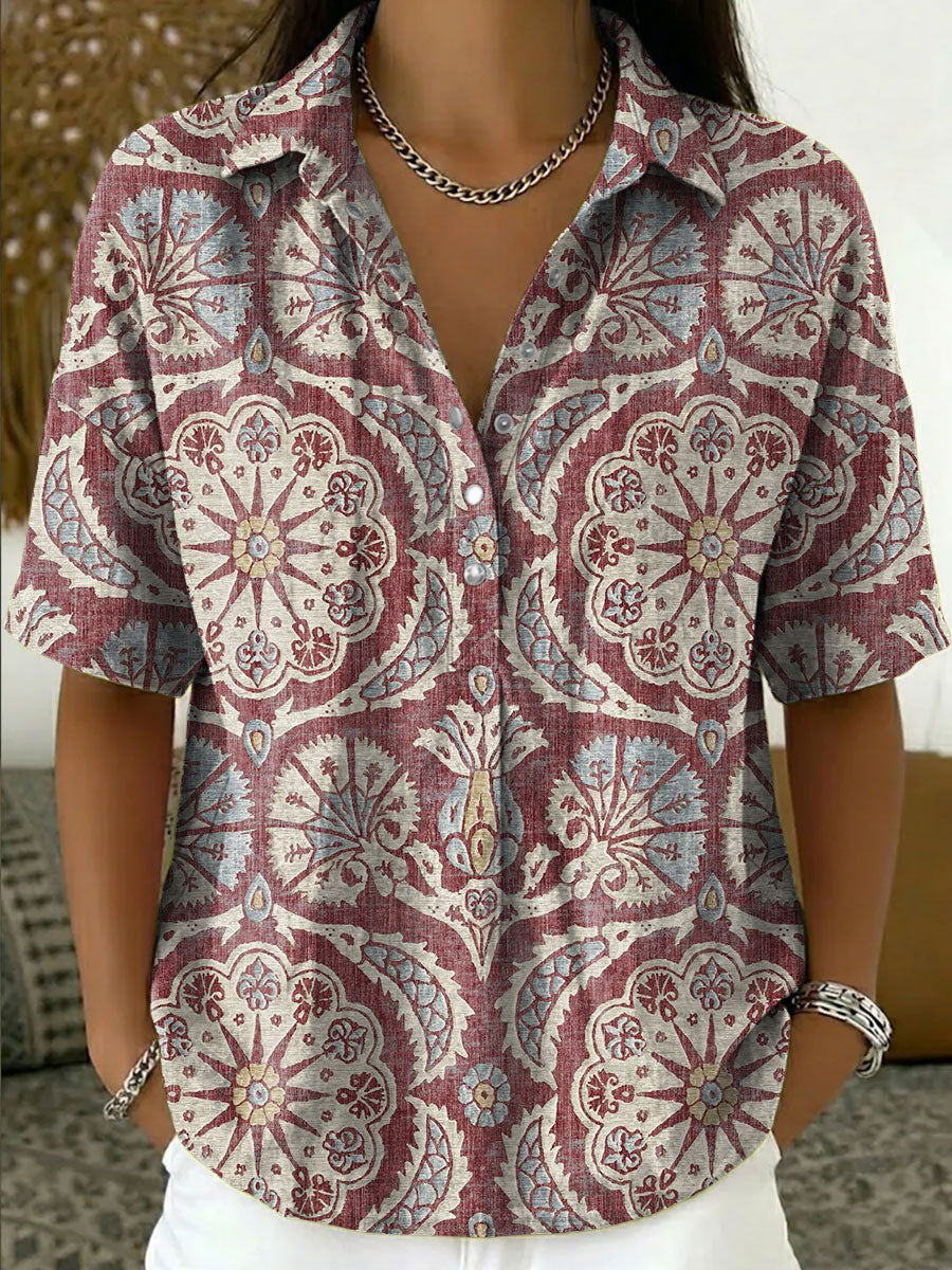Women's Vintage Botanical Floral Casual Polo Collar Short-sleeved Linen And Cotton Shirt