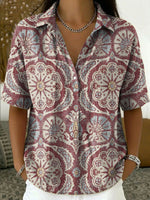 Women's Vintage Botanical Floral Casual Polo Collar Short-sleeved Linen And Cotton Shirt