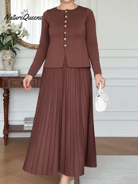 Elegant Knit Top With Metallic Buttons And Pleated Skirt Two-piece Set