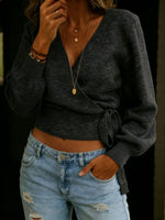 Women's Solid Color V-neck Tie-waist Long-sleeved Sweater