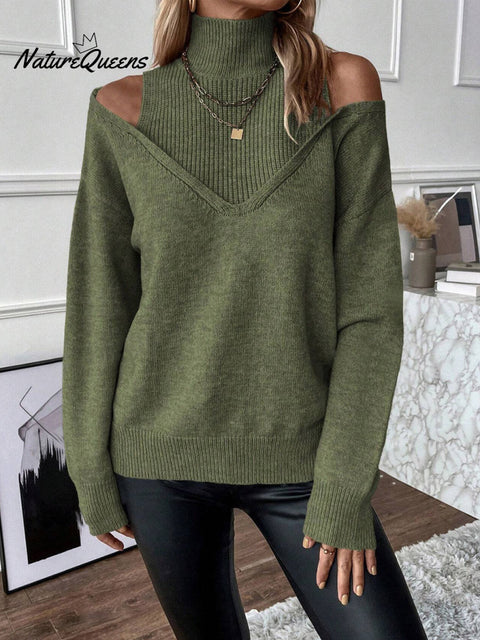 Women's Solid Color Casual Off-shoulder Turtleneck Knit Long-sleeved Sweater