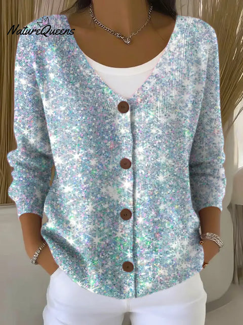 Gradient Colorful Art Print Buttoned V-neck Cardigan Sweater
