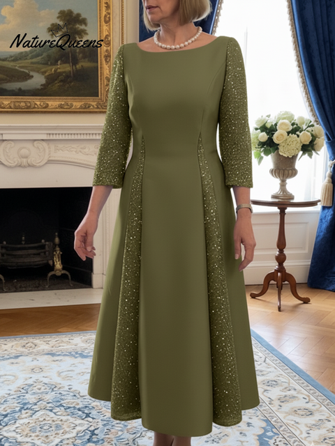 Elegant Round Neck Patchwork Sparkling Midi Dress