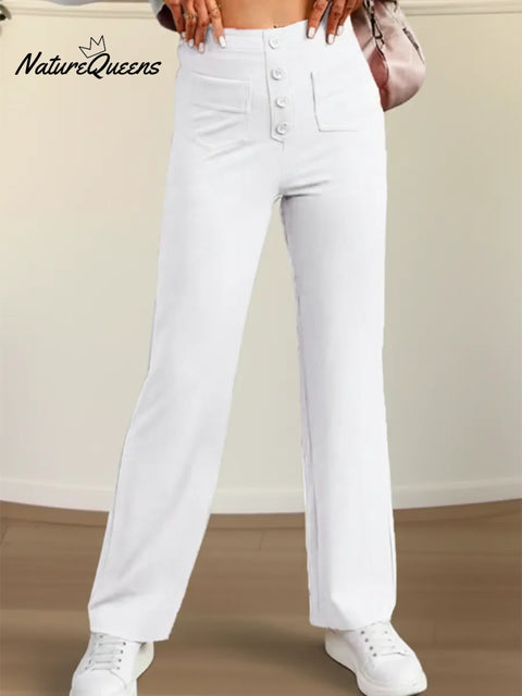 Women's Casual High-waisted Button Elastic Straight Leg Pants