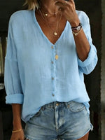 Women's Cotton Linen Loose Solid Color Long-sleeved Shirt