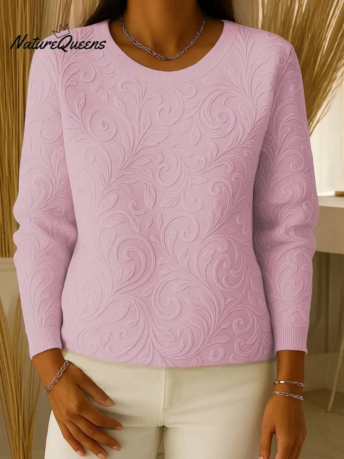 Women's Solid Color Round Neck Long Sleeve 3D Embossed Print Knit Top