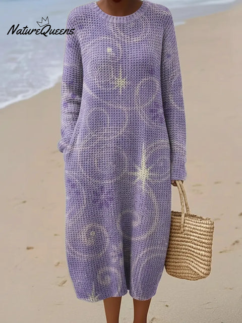 Purple Pattern Printed Round Neck Knit Dress