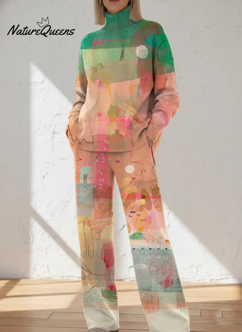 Women's Abstract Pattern Art Print Casual Knitted Cotton Top Pants Suit