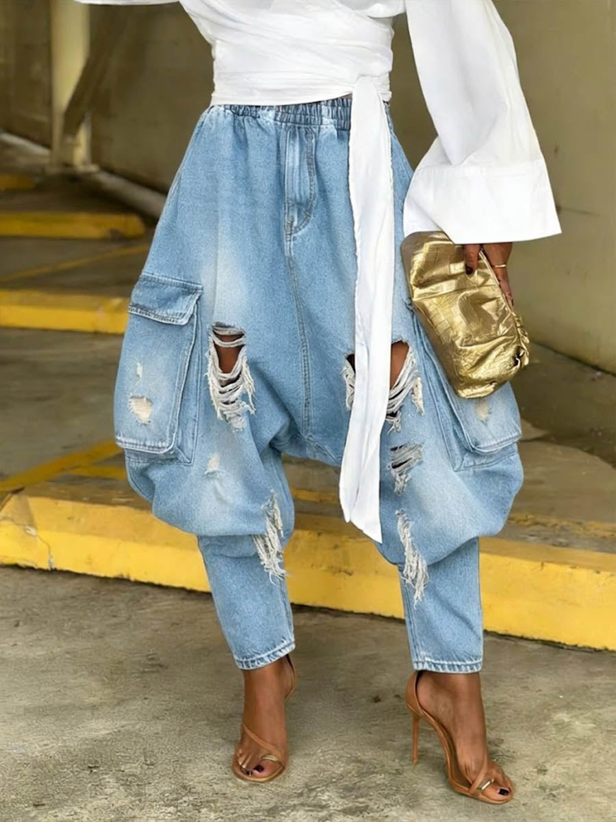 Women's Fashion Casual Elastic-waist Harem Wide-leg Jeans