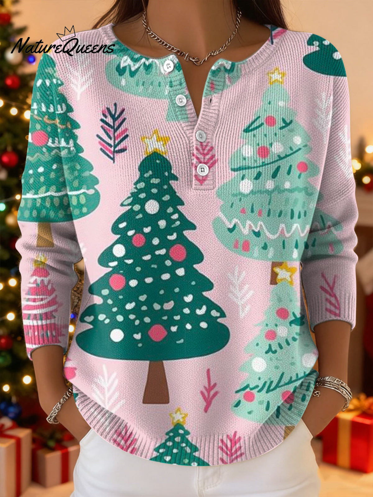 Women's Christmas Trees Pattern Art Print Buttoned Cardigan Sweater