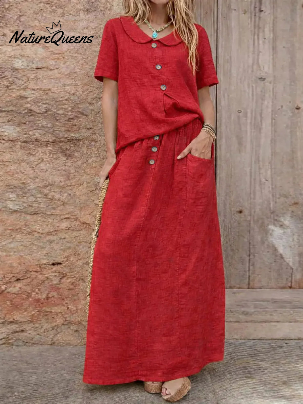 Women's Solid Color Peter Pan Collar Short-sleeved Loose Casual Top Paired With A High-waisted Loose Casual Skirt A Cotton And