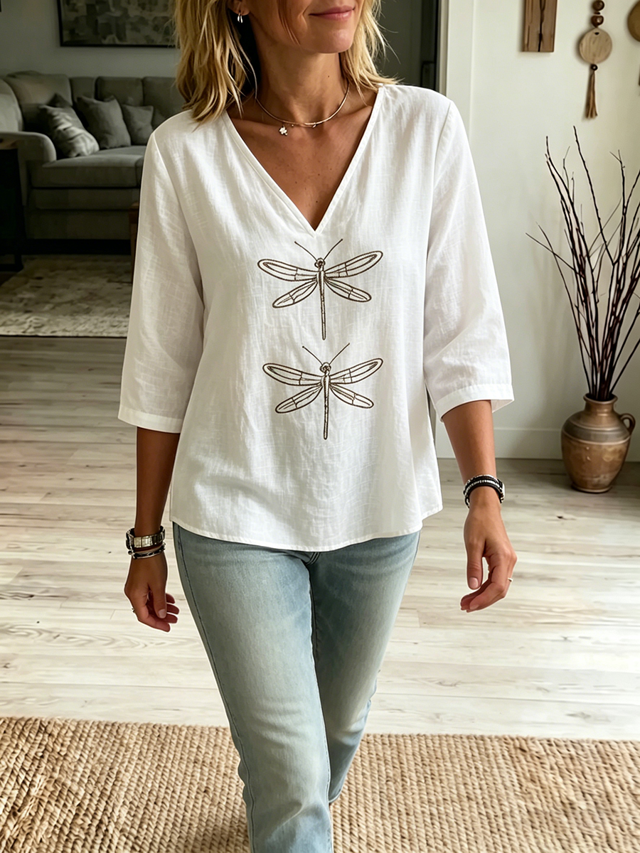 Boho Dragonfly-print Cozy V-neck Cotton-linen Shirt