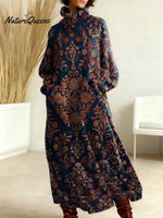 Women's Vintage Symmetrical Flowers Pattern Art Print Casual Cotton Knitted Dress