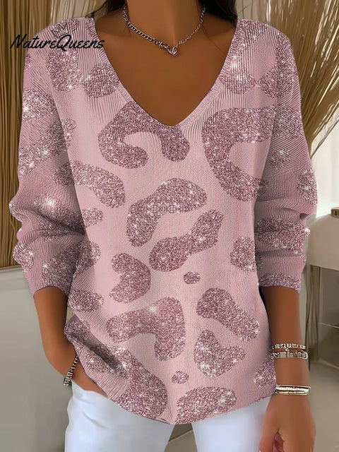 Women's Shiny Pattern Art Print Casual V-Neck Sweater