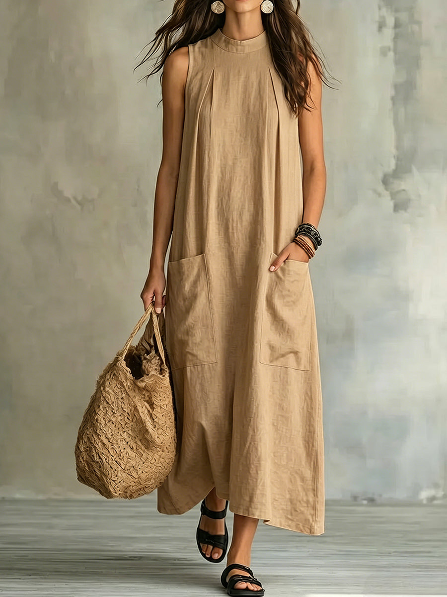 Women's Stand-collar Sleeveless Cotton-linen Dress