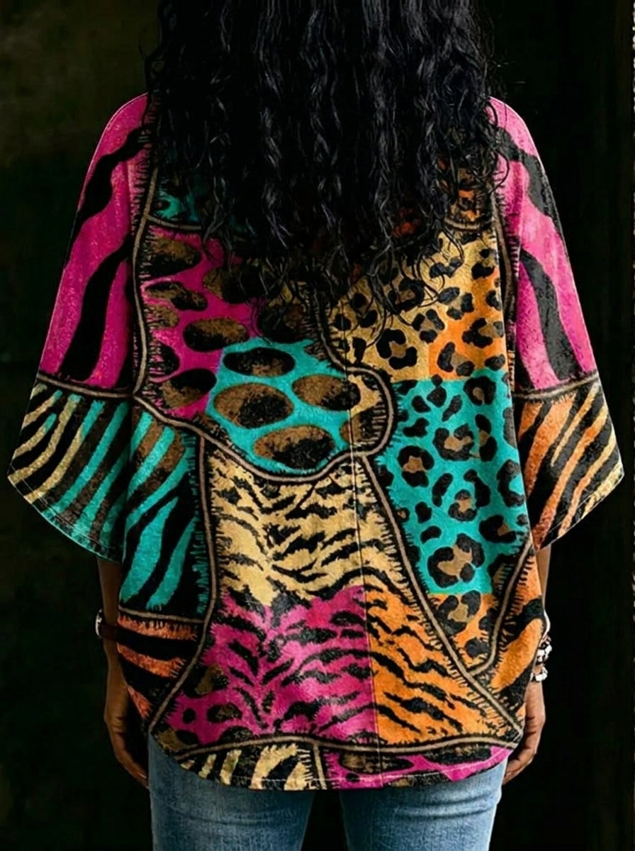 Women's Retro Leopard Print Patchwork Print V-neck Loose Shirt