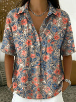 Women's Vintage Botanical Floral Casual Polo Collar Short-sleeved Linen And Cotton Shirt