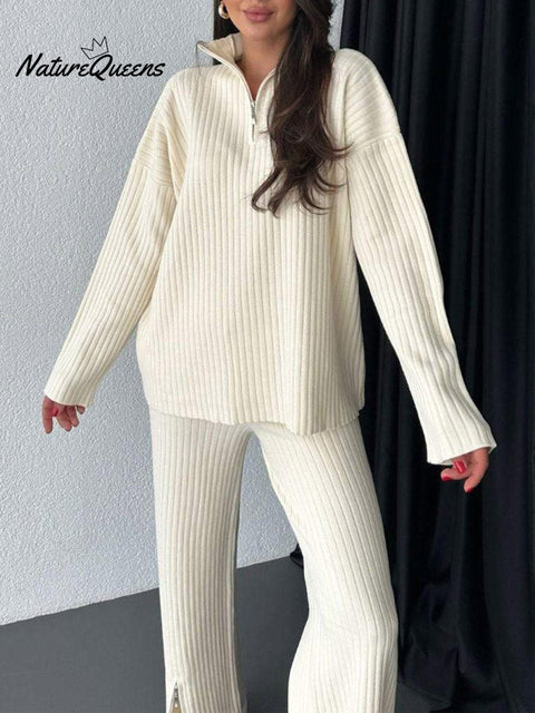 Women's Striped Solid Color Zipper Casual Knit Suit