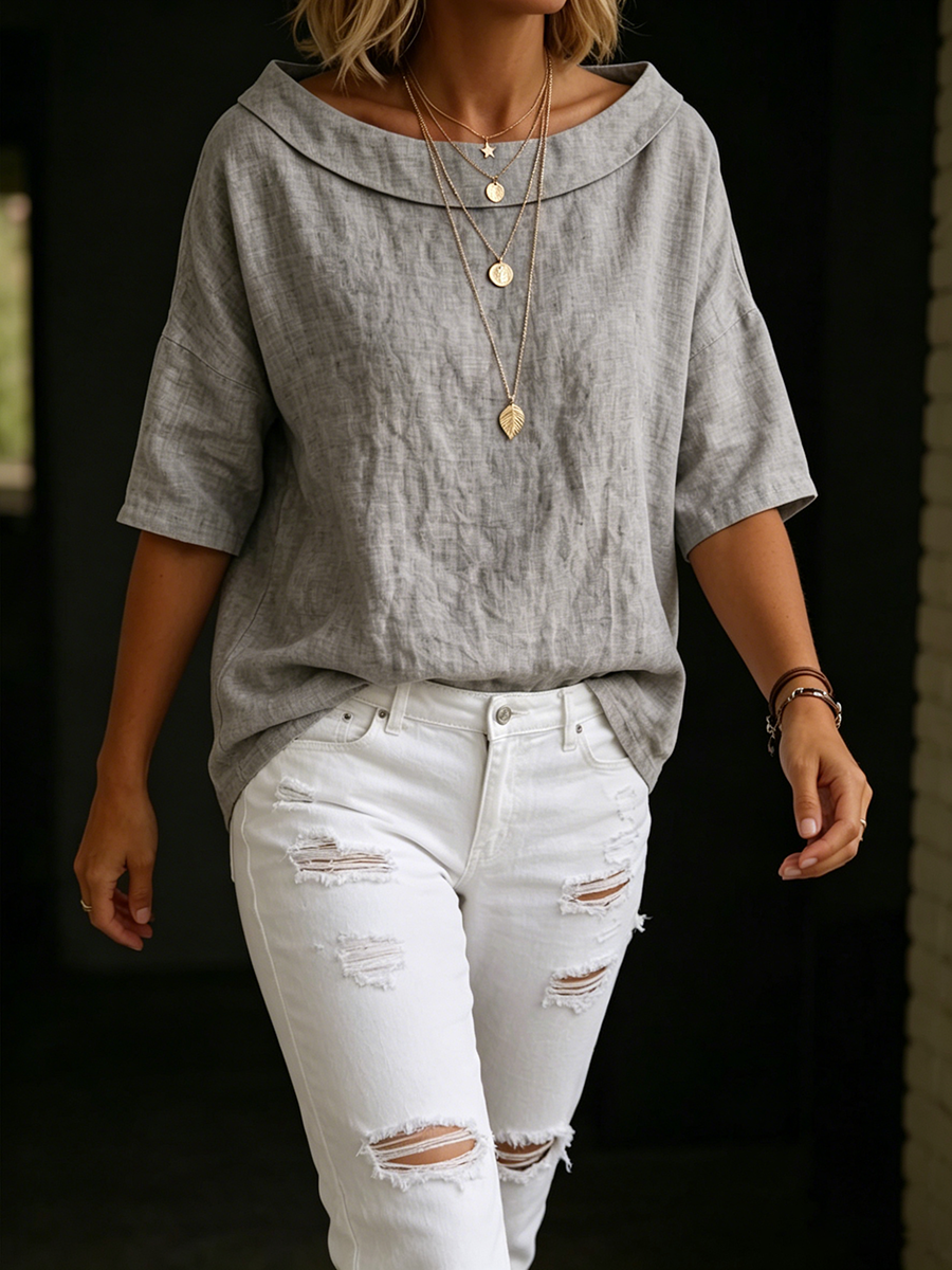 Minimalist Retro Boat-neck Cotton-linen Blouse