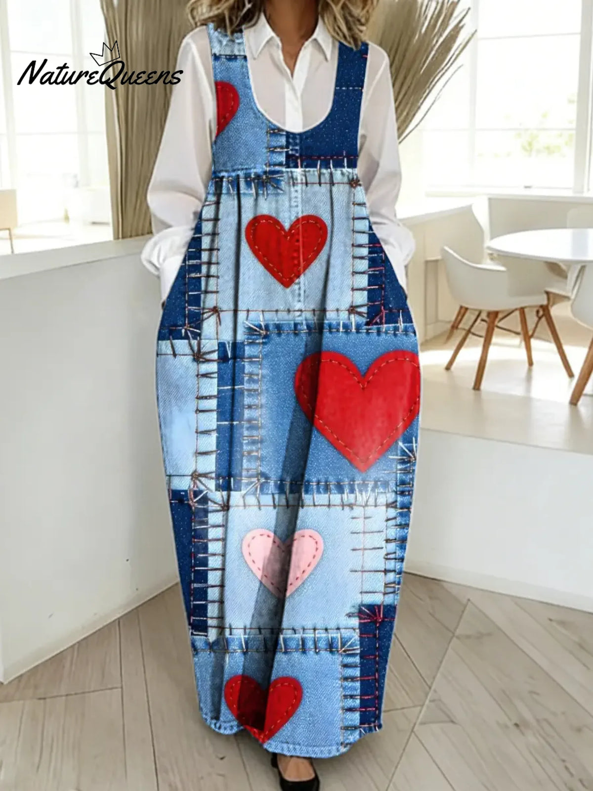 Women's Valentine's Day Heart Pattern Art Print Casual Cotton Denim Dress