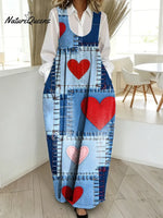 Women's Valentine's Day Heart Pattern Art Print Casual Cotton Denim Dress
