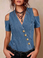Women's V-neck Short-sleeve Slim-fit Casual Denim Top