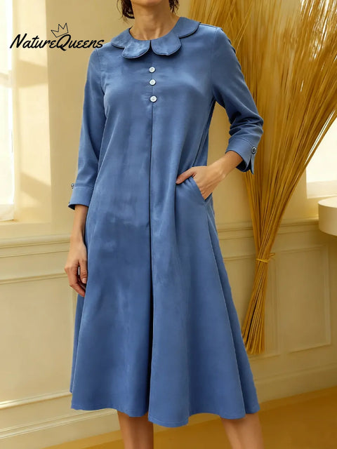 Women's Solid Color Petal Collar Long Sleeve Casual Loose Velvet Dress