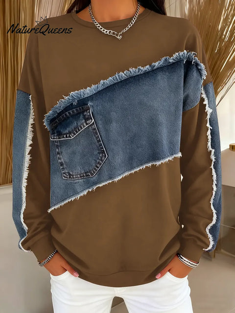 Women's Round Neck Long Sleeve Casual Loose Denim Patchwork Knit Top