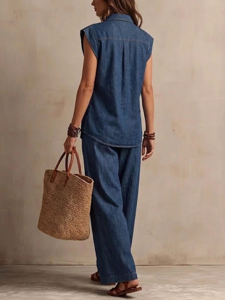 Women's Casual Sleeveless Shirt And Wide-leg Jeans Set