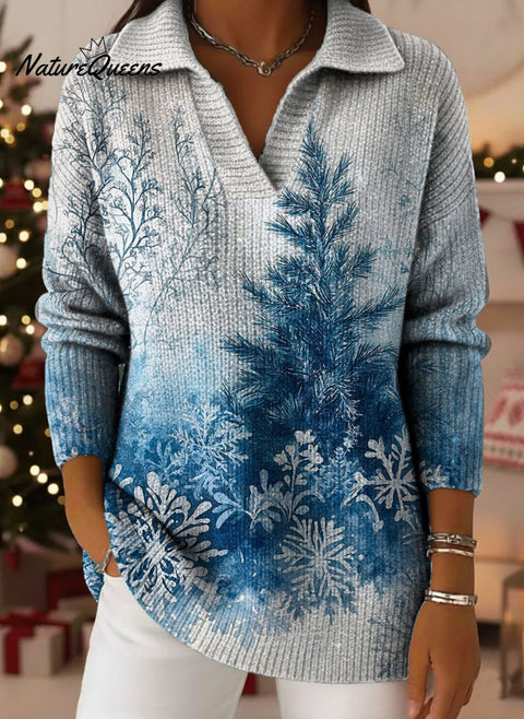 Christmas Tree Scenery Pattern Art Polo Collar Shiny Loose Sweater Top