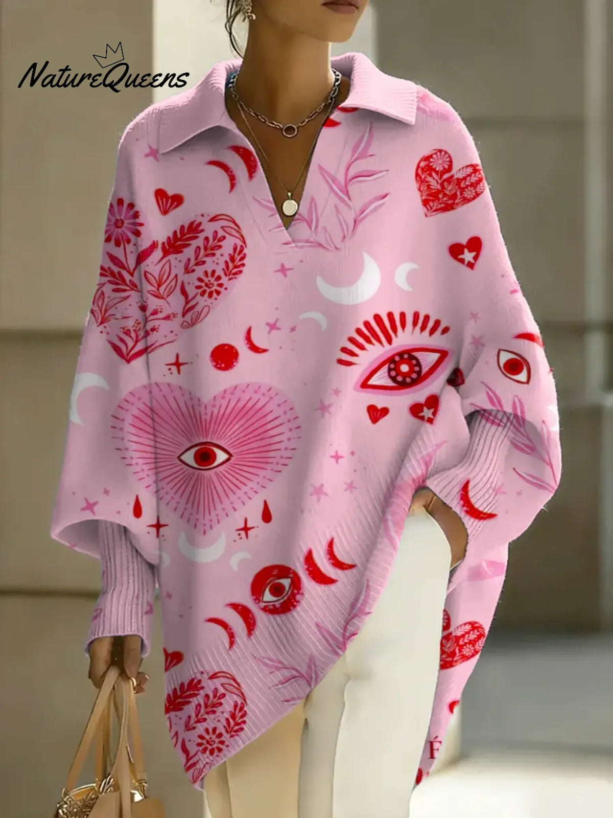 Women's Valentine's Day Heart Art Print Casual Knit Sweater