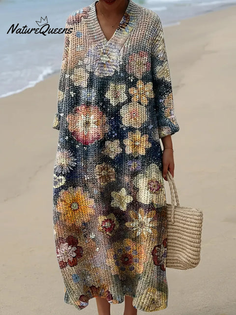 Artistic Flowers Art Print Knitted V-neck Dress