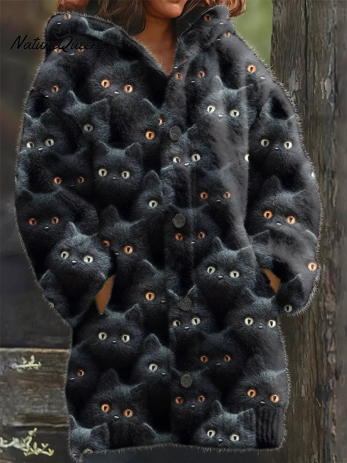 Women's Funny Cats Pattern Art Print Casual Fleece Coat