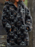 Women's Funny Cats Pattern Art Print Casual Fleece Coat