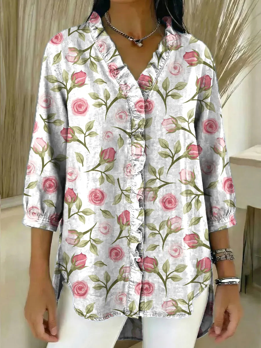 Women's Floral Art Print Casual Ruffled 3/4 Sleeve Denim Shirt