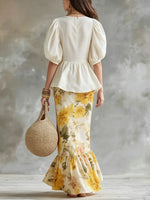 Women's Puff Sleeve Top With Vintage Floral Half-length Skirt Set