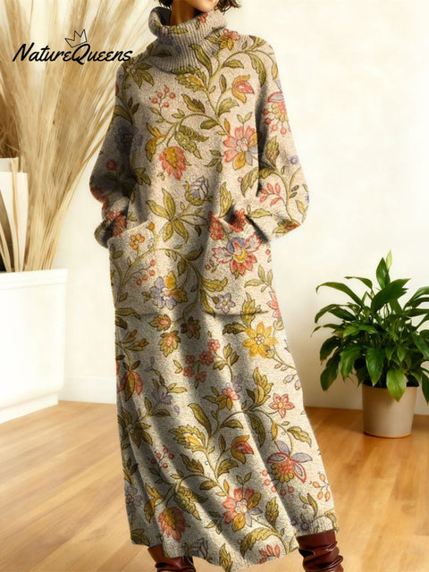 Women's Retro Flowers High-neck Long-sleeve Casual Loose Knit Dress