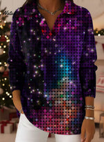 Christmas Shiny Color Gradient Art Pattern Polo Collar Shiny Loose Sweater Top