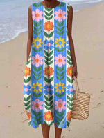 Women's Vintage Geometry Flower Art Print Sleeveless Cotton Pocket Wrap Dress