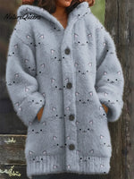 Cute Cat Face Casual Print Knit Hoodie