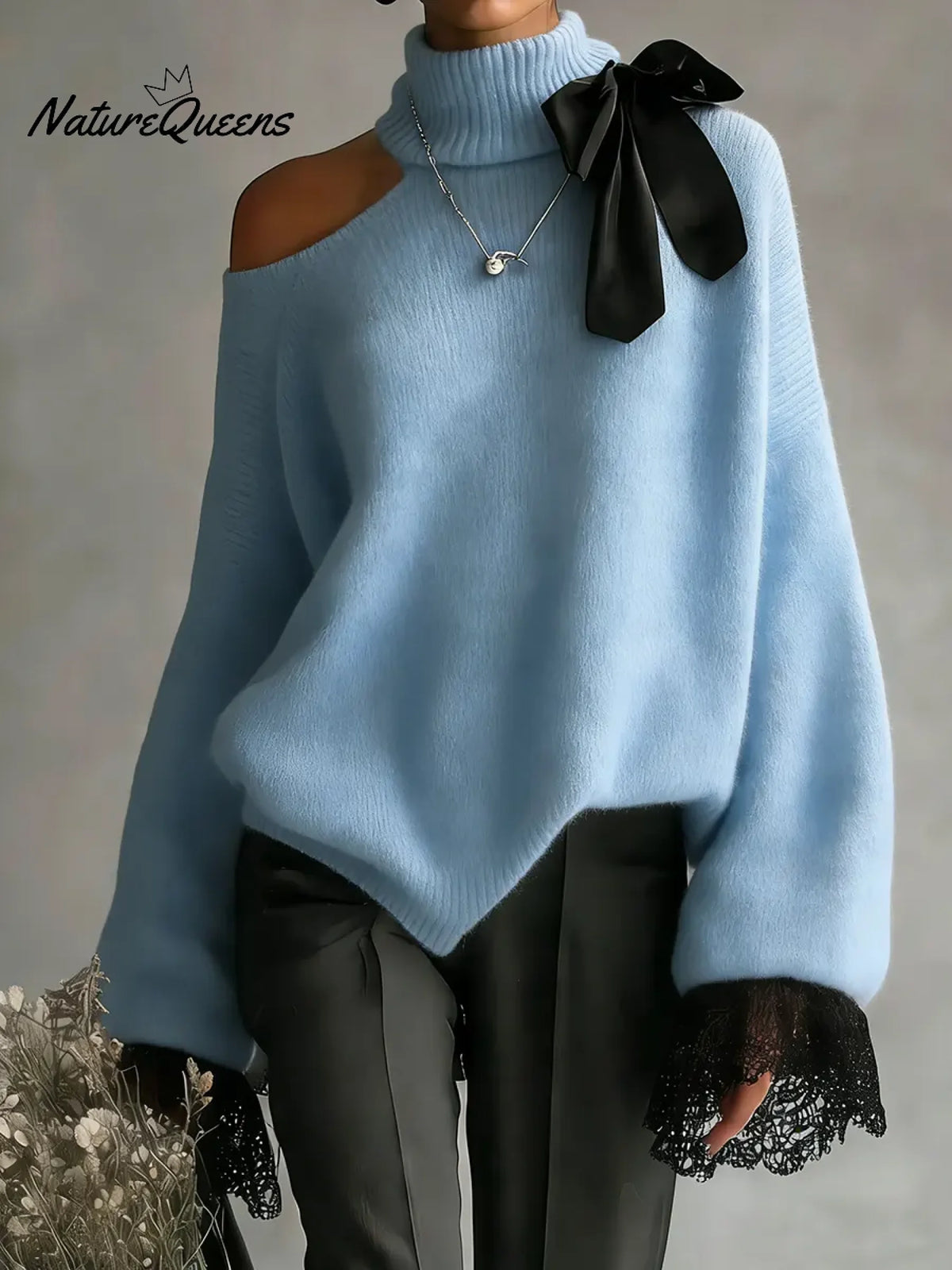 Women's Solid Color Stand-collar Long-sleeved Casual Loose Off-the-shoulder Sweater