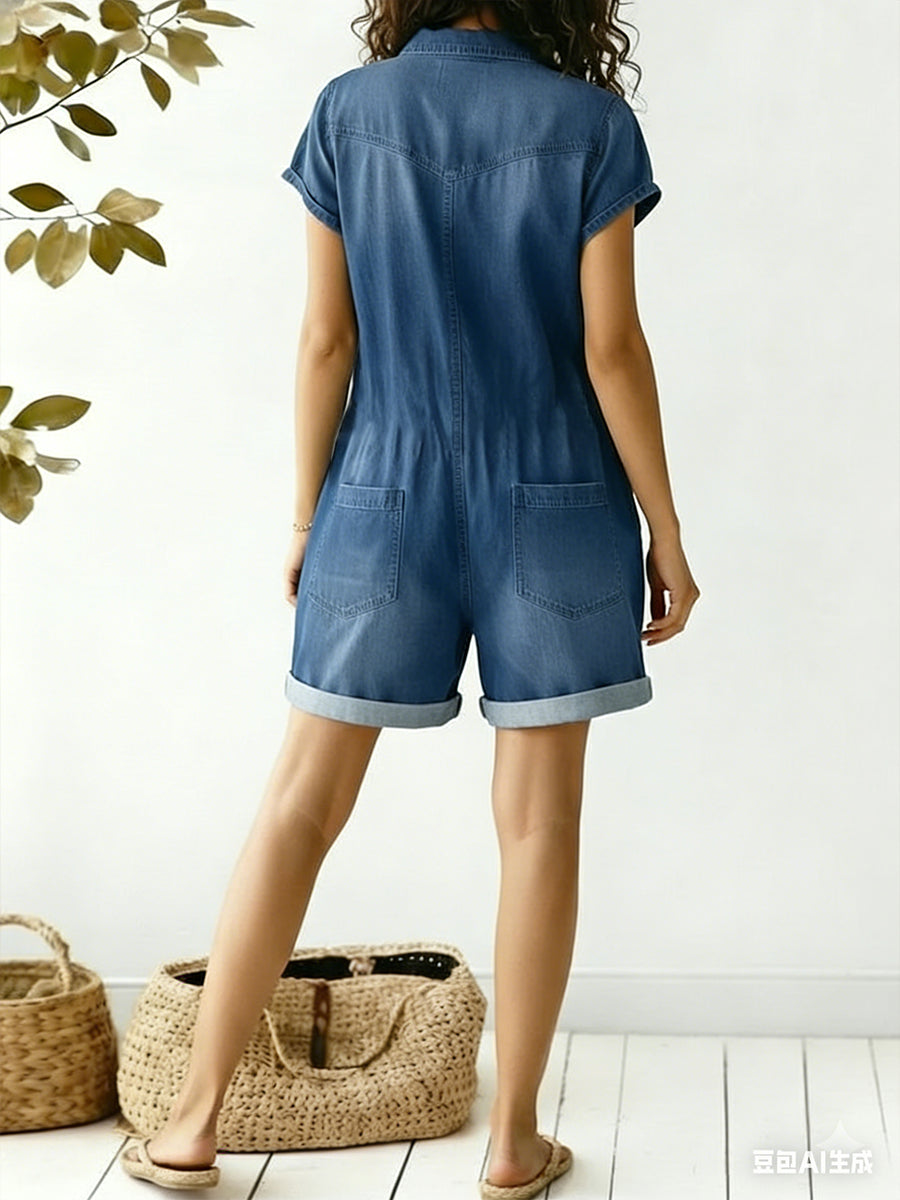 Women's Casual Cotton Denim Jumpsuit Shorts