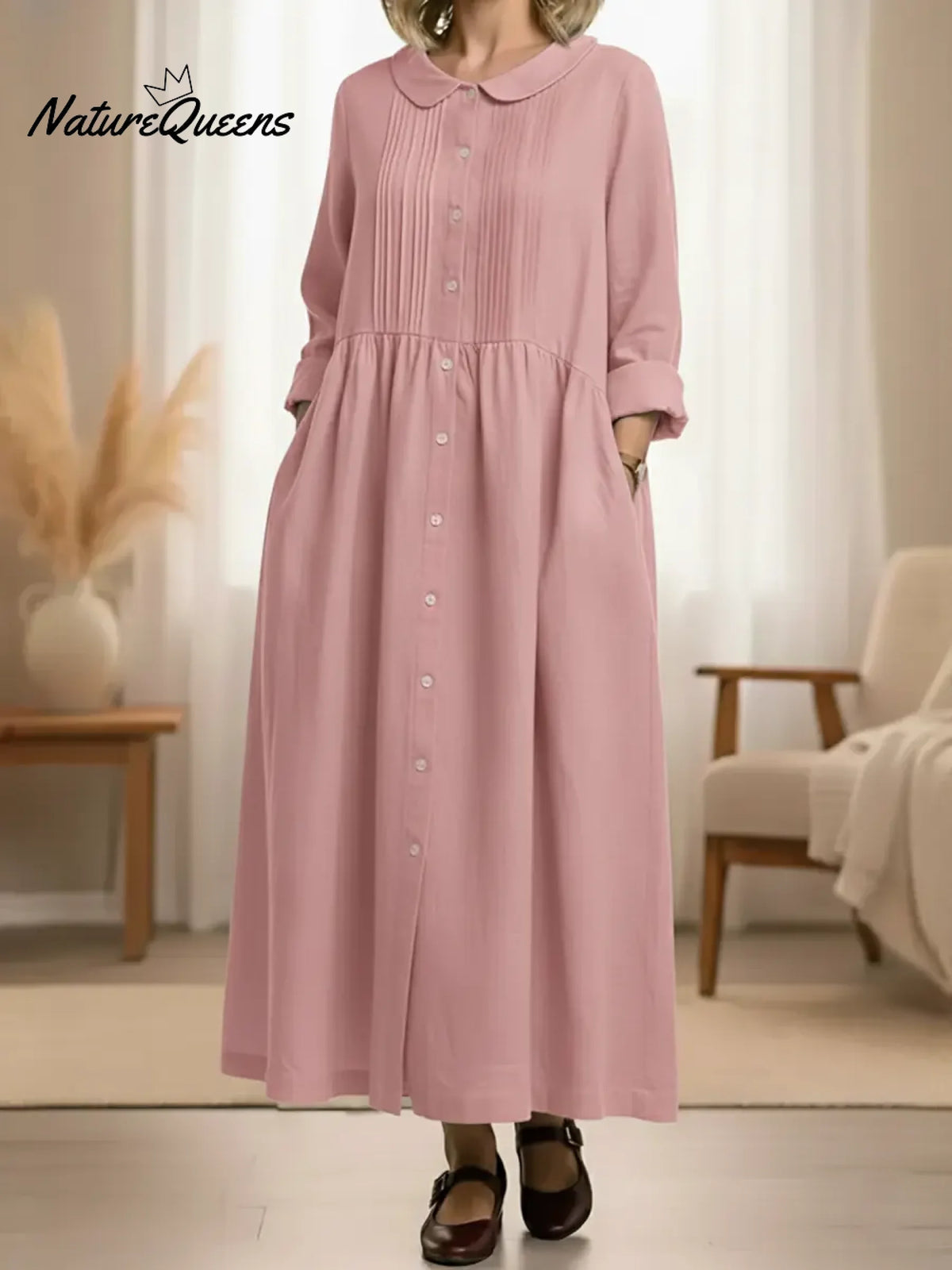 Women's Peter Pan Collar Long-sleeved Cotton And Linen Dress