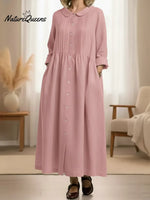 Women's Peter Pan Collar Long-sleeved Cotton And Linen Dress