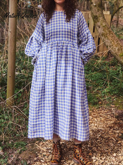 Women's Cotton And Linen Plaid Lantern Sleeve Dress