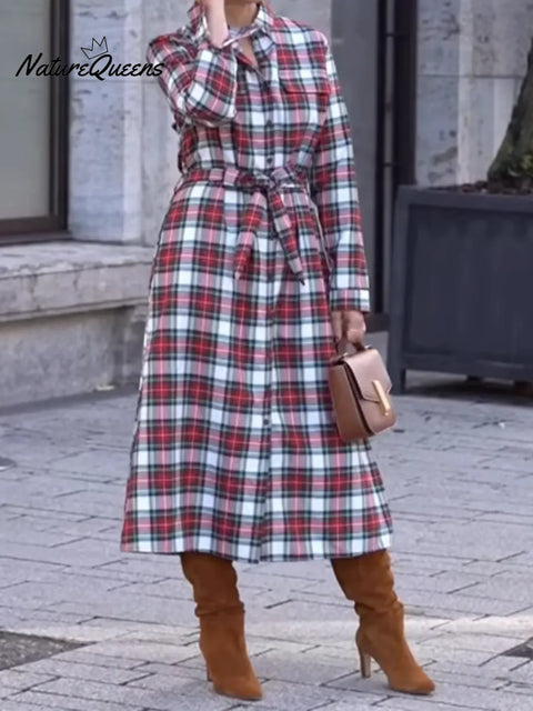 Women's Casual And Comfortable Plaid Cotton And Linen Shirt Dress