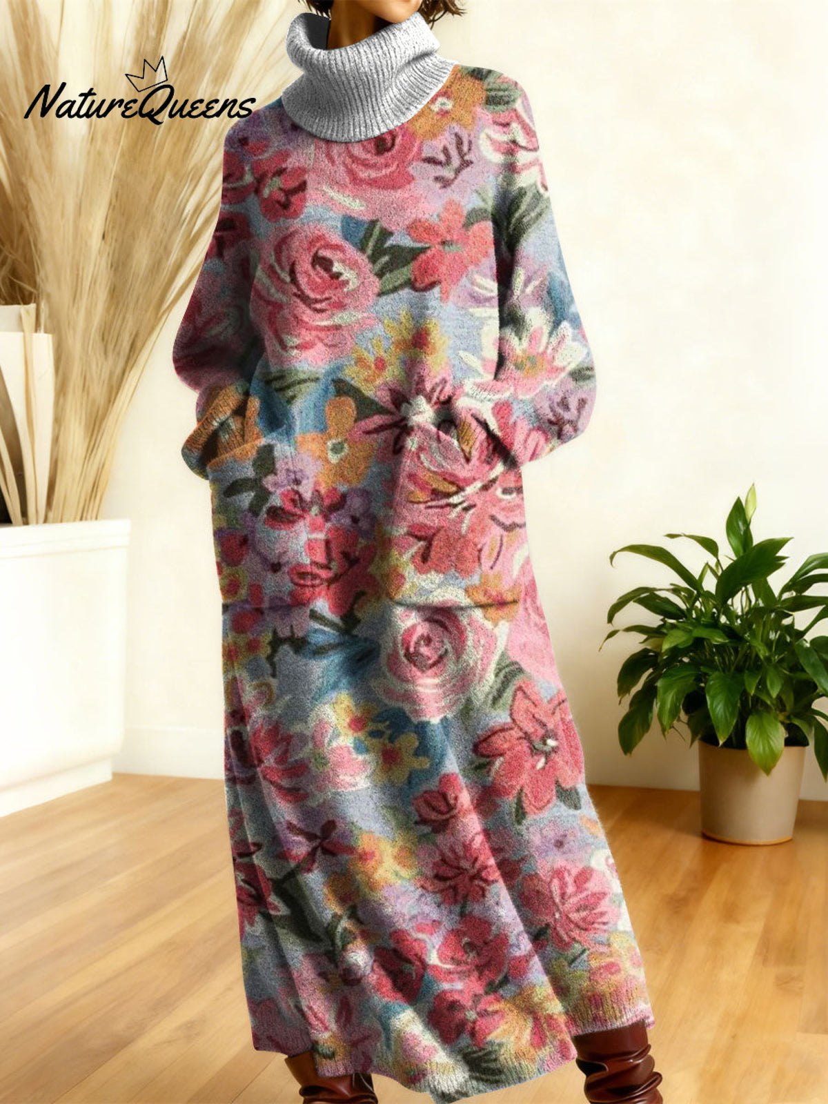 Women's Retro Flowers Geometric Patchwork High-neck Long-sleeve Casual Loose Knit Dress