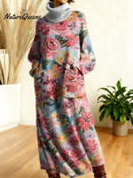 Women's Retro Flowers Geometric Patchwork High-neck Long-sleeve Casual Loose Knit Dress