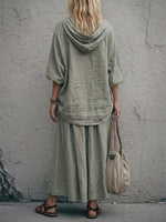 Casual Loose-fit Half-zip Linen-cotton Hoodie And Skirt Two-piece Set
